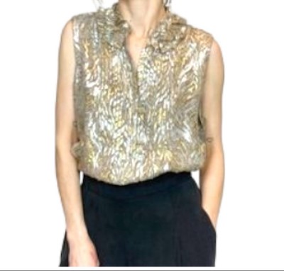 Elie Tahari Top XS Metal Gold Silk Ruffle Pleat Popover Drape Cocktail Y2K