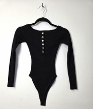Forever 21 Women's Black Solid Opaque Long Sleeve Snap Bodysuit, Size S