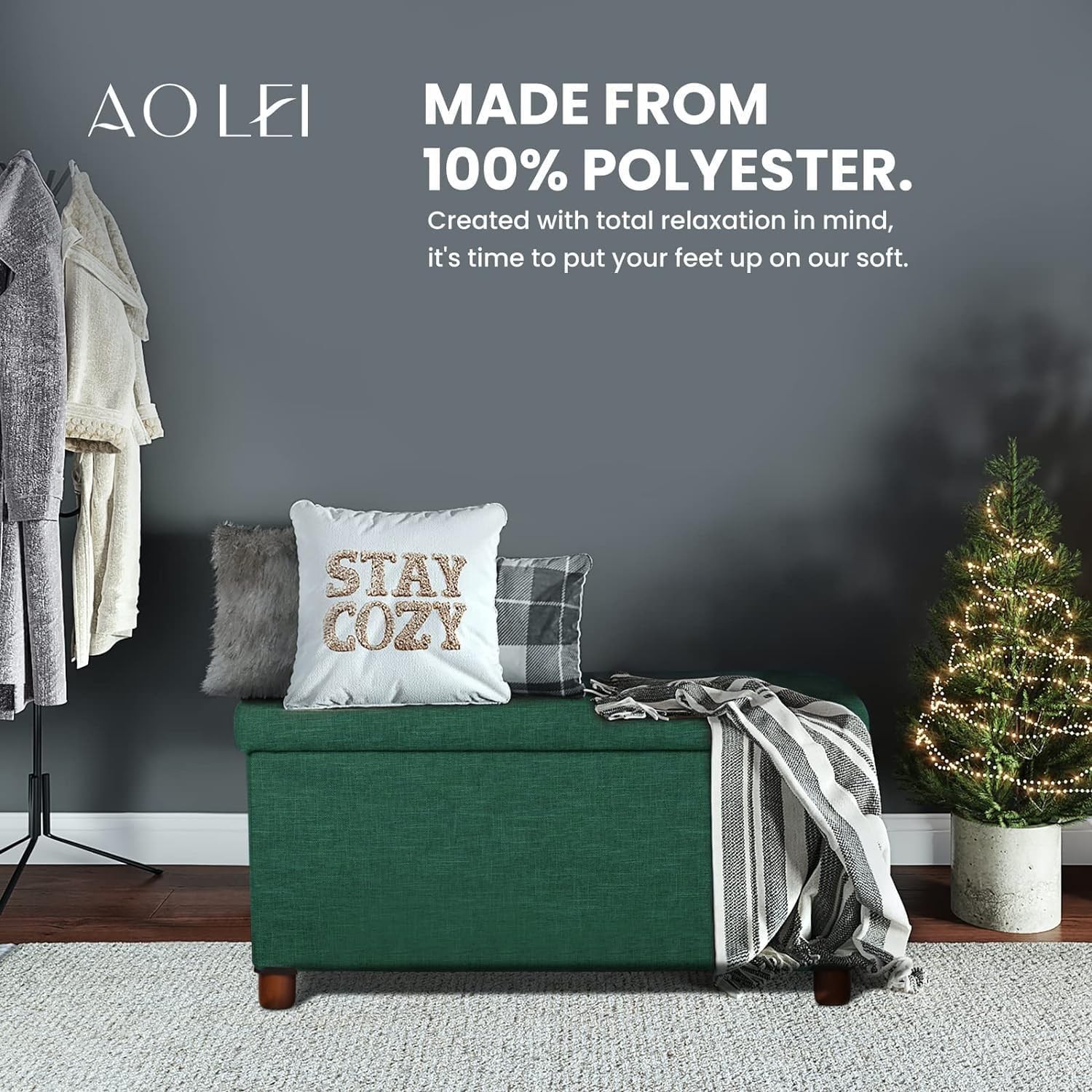 30" Linen Storage Ottoman Bench with Wooden Legs, Removable Lid