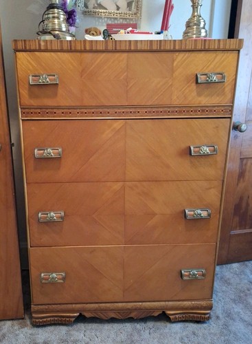Art Deco Antique Wood Bedroom Set Full Bed Dressers Complete