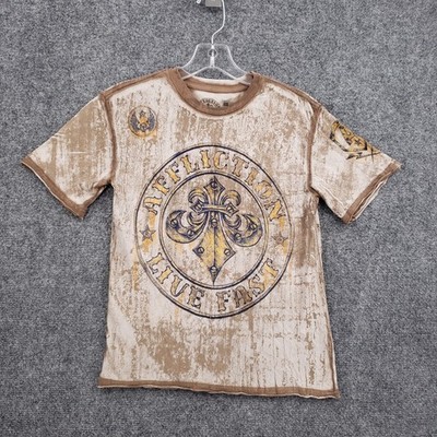 Affliction Live Fast Graphic T Shirt Mens Small Tan Fleur De Lis Distressed USA