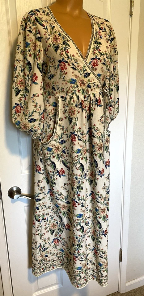 MAX STUDIO BOHEMIAN FLORAL W/ TAPESTRY RIBBON TRIM FAUX WRAP DRESS SZ S - Image 3 of 4
