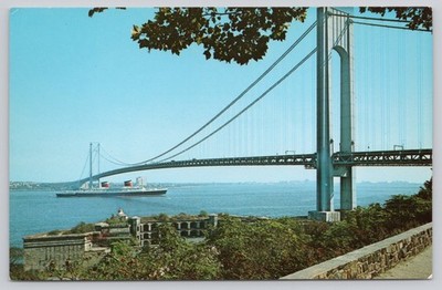 Vintage Verrazano-Narrows Bridge Postcard with S.S. United States & Fort