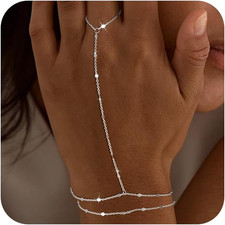 Sterling Silver Dainty Ring Bracelet Hand Chain for Women - 14K Gold Plated/Ster