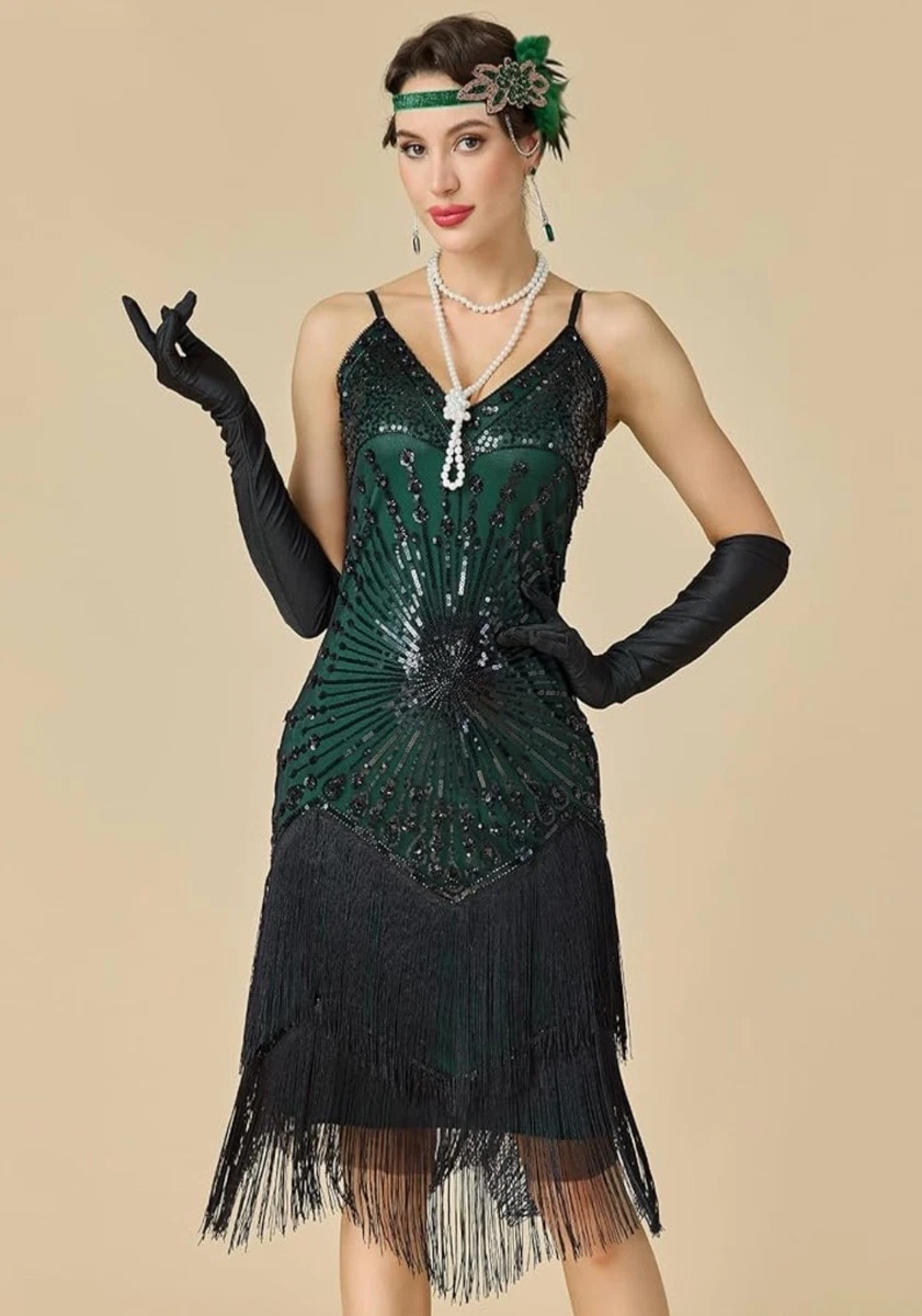 dark green 1920s sequin flapper dress BABEYOND Classy Sleeveless 1920s Fashion Party Dresses, Tassel Sequin Speakeasy Dress, Dark Green, Size 8 main image 0