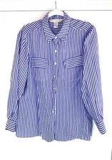 Melrose Silk Studio 100% Silk Blue White Stripe Blouse – PM – Button Front – Pet