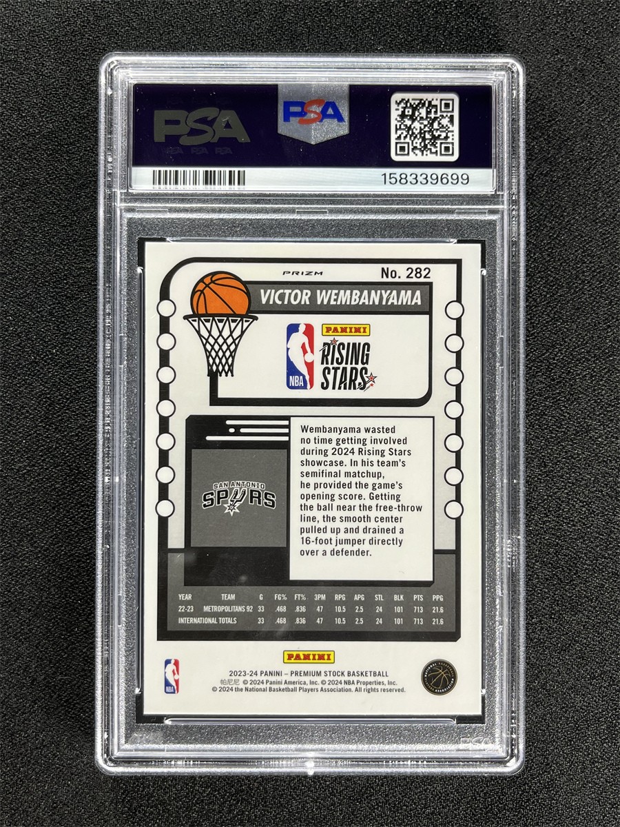 2023-24 NBA Hoops Premium Stock Victor Wembanyama #282 Ice Rising Stars RC PSA 9 view 2