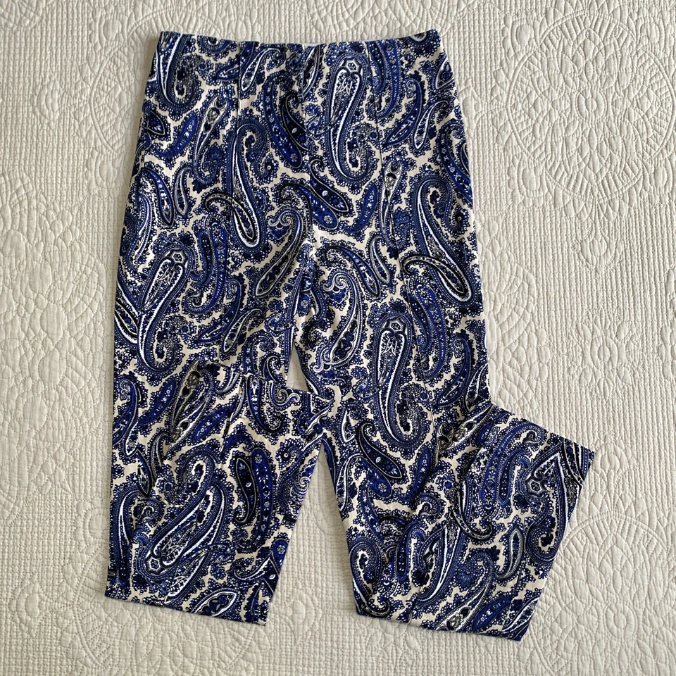 DIANE VON FURSTENBERG Blue Cream Mid Rise Paisley Skinny Pants Sz 0 - Image 2 of 4