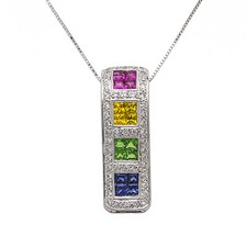 18k White Gold Diamond Gemstone Bar Pendant Necklace 16 Inch Chain