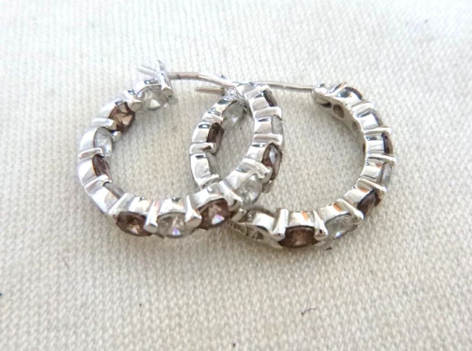 Pendientes de aro artesanales de cuarzo ahumado y circonita cúbica interior/exterior plata de ley 925 3/4" Foto 4 de 4