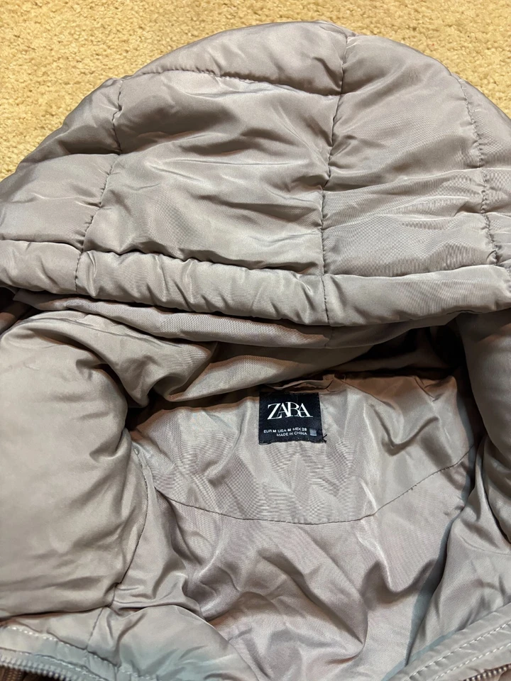 Zara Taupe Quilted Insulated Oversized Crop Hooded Puffer Coat Winter Jacket M - Image 4 of 4