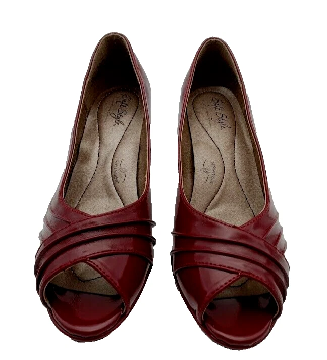 Tacones cómodos estilo suave/silencio cachorros elegantes charol rojo Merlot talla 7M Foto 2 de 4