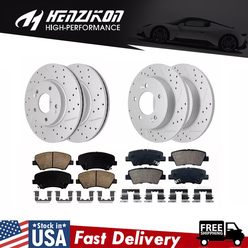 High-Performance Drilled Front & Rear Rotors with Brake Pads for Hyundai Elantra Veloster Kia Forte