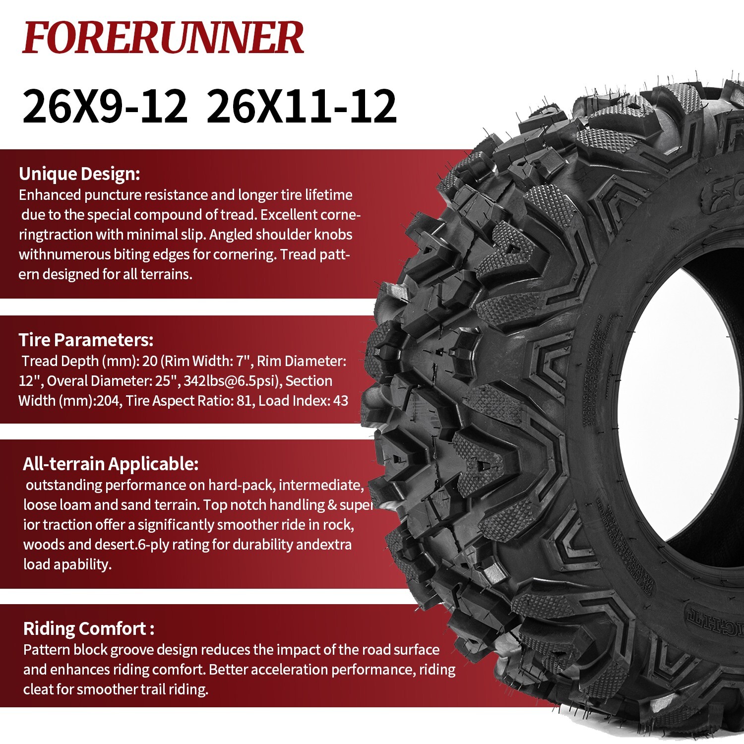 2 Rear 26x11-12 ATV Tires 6Ply 26x11x12 UTV Tires 26 11 12 All Terrain