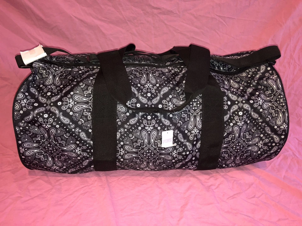 VICTORIA SECRET ROSA BOLSO DE LONA / BOLSO DE GIMNASIO, EQUIPAJE DE MANO DE VIAJE NEGRO Paisley Nuevo Foto 2 de 4
