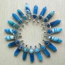 Natural Stone 100pc Blue Line Agate Pendants Hexagonal Pillar Pendulum Necklaces