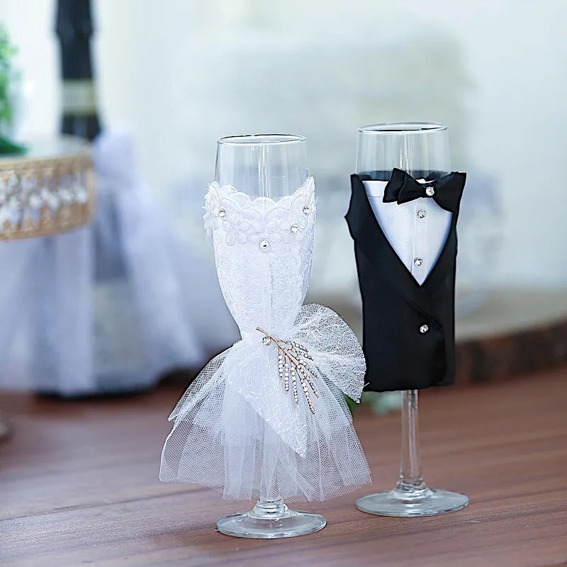 2 Pcs 9 in Tall Clear Wedding Glasses Dress and Tuxedo Toasting Flutes