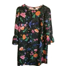 Old Navy Dress S Black Shift Floral Birds Lightweight Long sleeve Ruffle Cuff