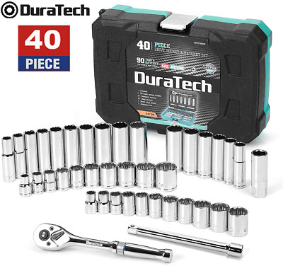 DURATECH 40 PC 3/8''Drive Socket Tool Set SAE/Metric Ratchet Handle Extension Bar