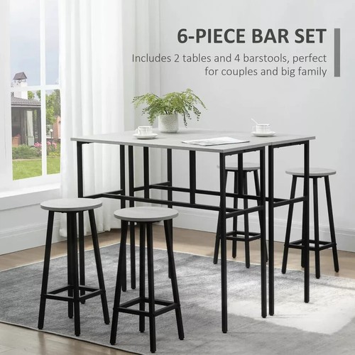 6 Piece Industrial Bar Table Set 2 Kitchen Breakfast Table 4 Stools Grey Compact - Picture 4 of 11