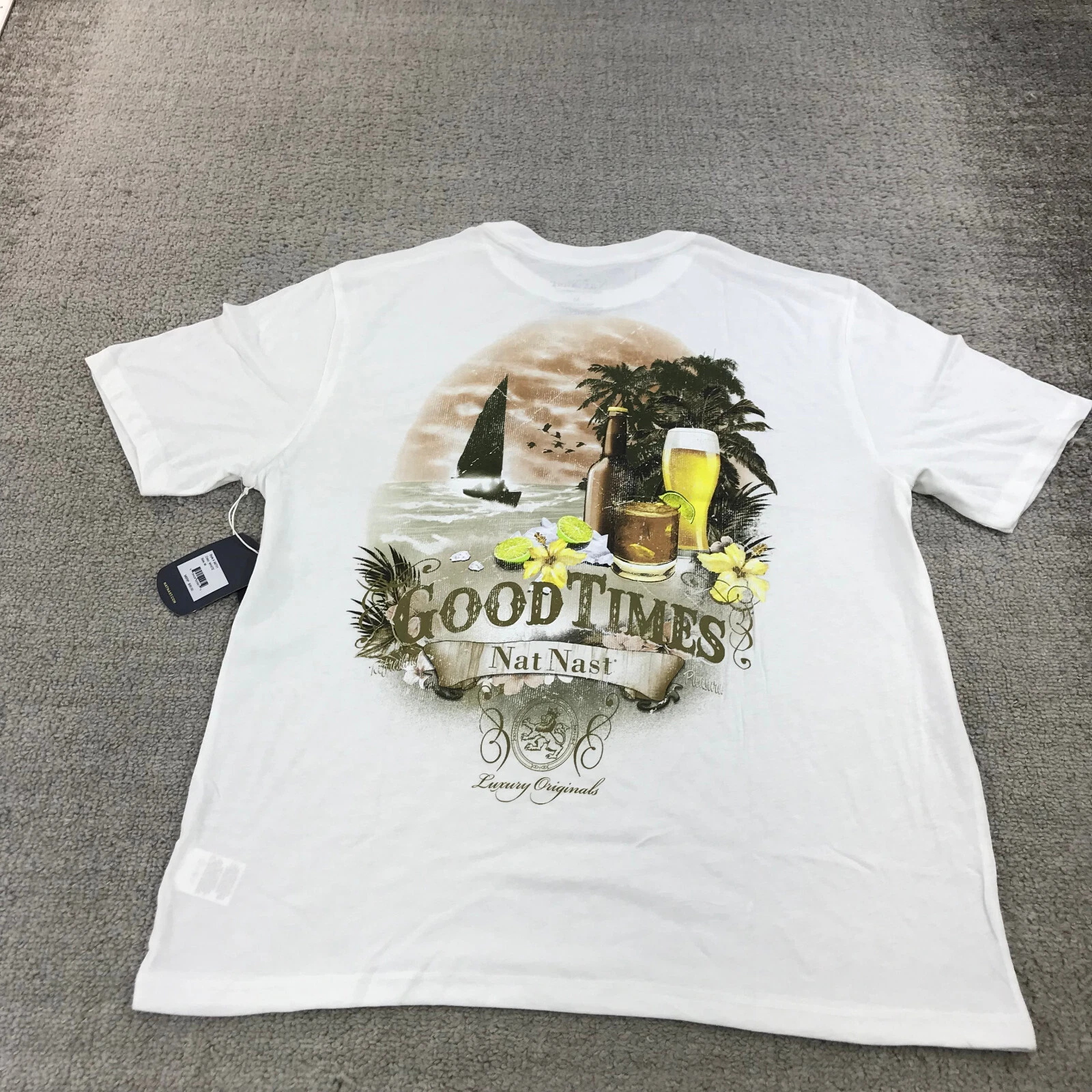 Nat Nast Shirt Mens Medium Crew Neck Good Times Hawaiian Camp Beer Island b8o789