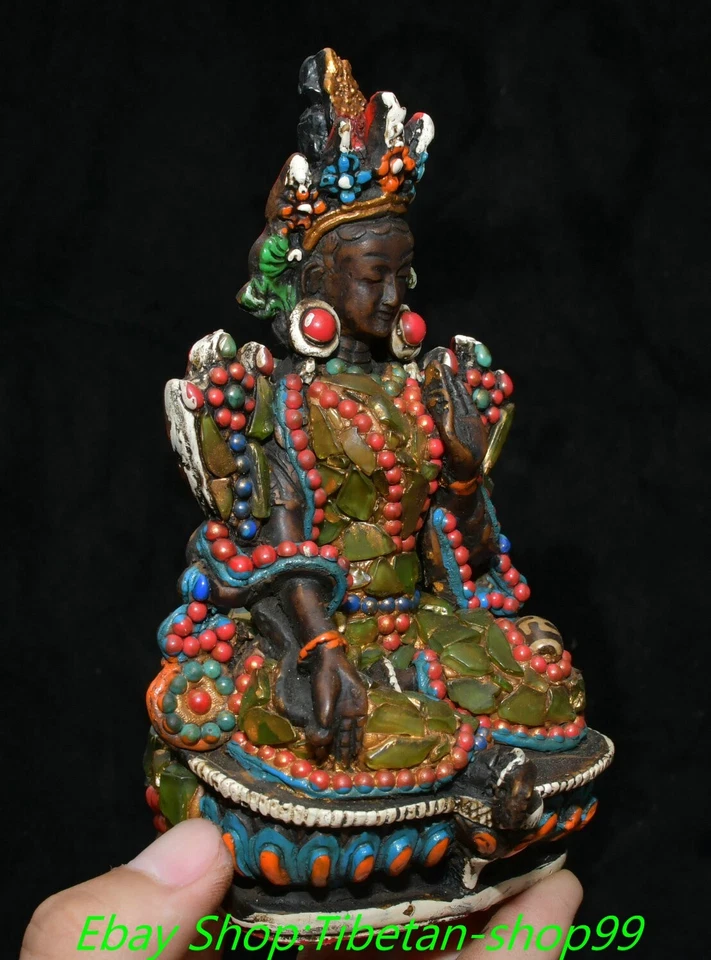 6'' Old Tibet Bone Inlaid Gems Dzi Bead Green Tara Mahayana Buddhism Statue - Image 4 of 4
