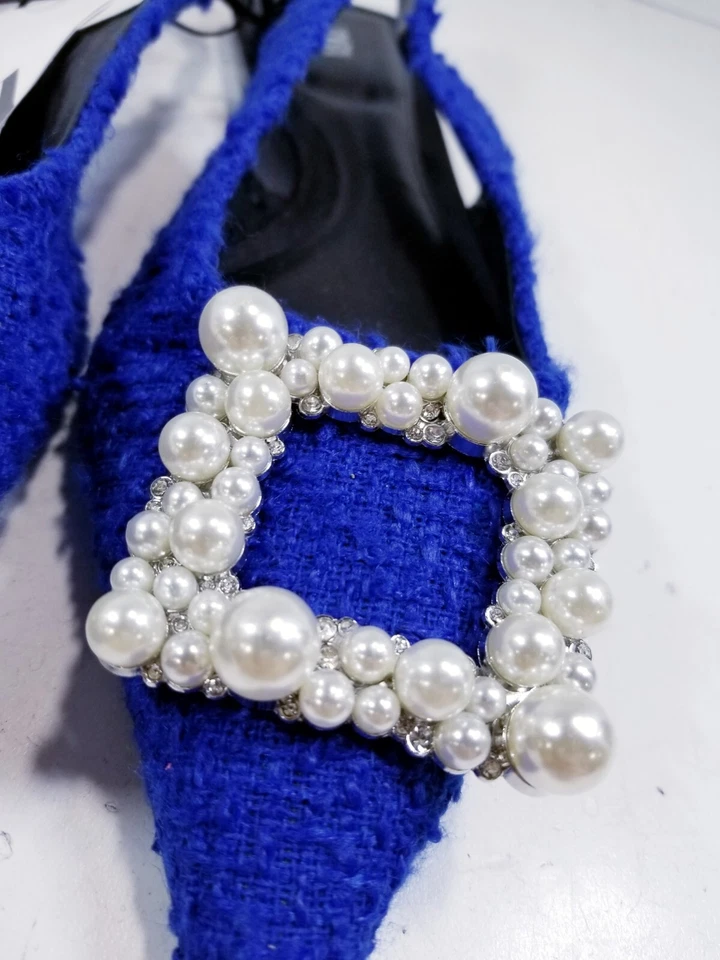 Zara Azul Tweed Adornado Eslinga Trasera Pisos 2583 010 400 Talla 6.5 Foto 3 de 4