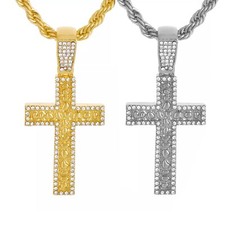 Nugget Cross Cubic Zirconia Bling Iced Pendant 24" Rope Chain Hip Hop Necklace
