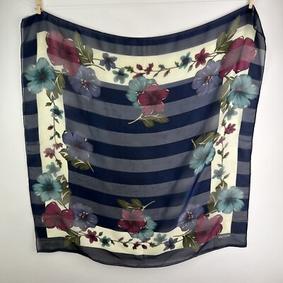 Authentic KKUSEBO Assorted Blue Stripe Floral Polyester Scarf 34x35 Damage