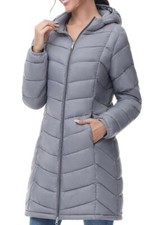 Nwt Slow Down Women Lightweight Down Puffer Coat, Hooded Mid-length Lg