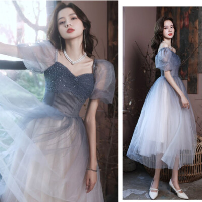Lady Gradient Mesh Dress Beads Decor Puff Sleeve Princess Evening Gown Shiny