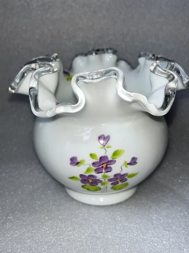 Fenton Milk Glass Painted W/ Violets Clear Ruffled Compote Signed