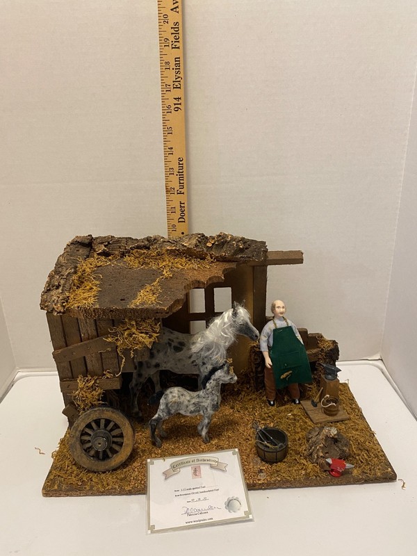 1:12 scale miniature Farrier and horses in stable by Artisan Patricia Cabrera
