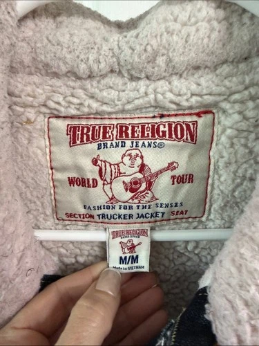 True Religion Navy Denim Jacket with Cream Sherpa Collar image 2
