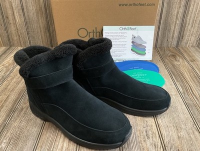 NEW Orthofeet Bliss Black Suede Faux Fur Winter Boots Hands Free Womens 11D WIDE
