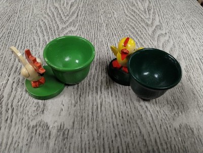 Vintage GDR Wooden Rooster & Chick Egg Cups VEB Gahlenz Set