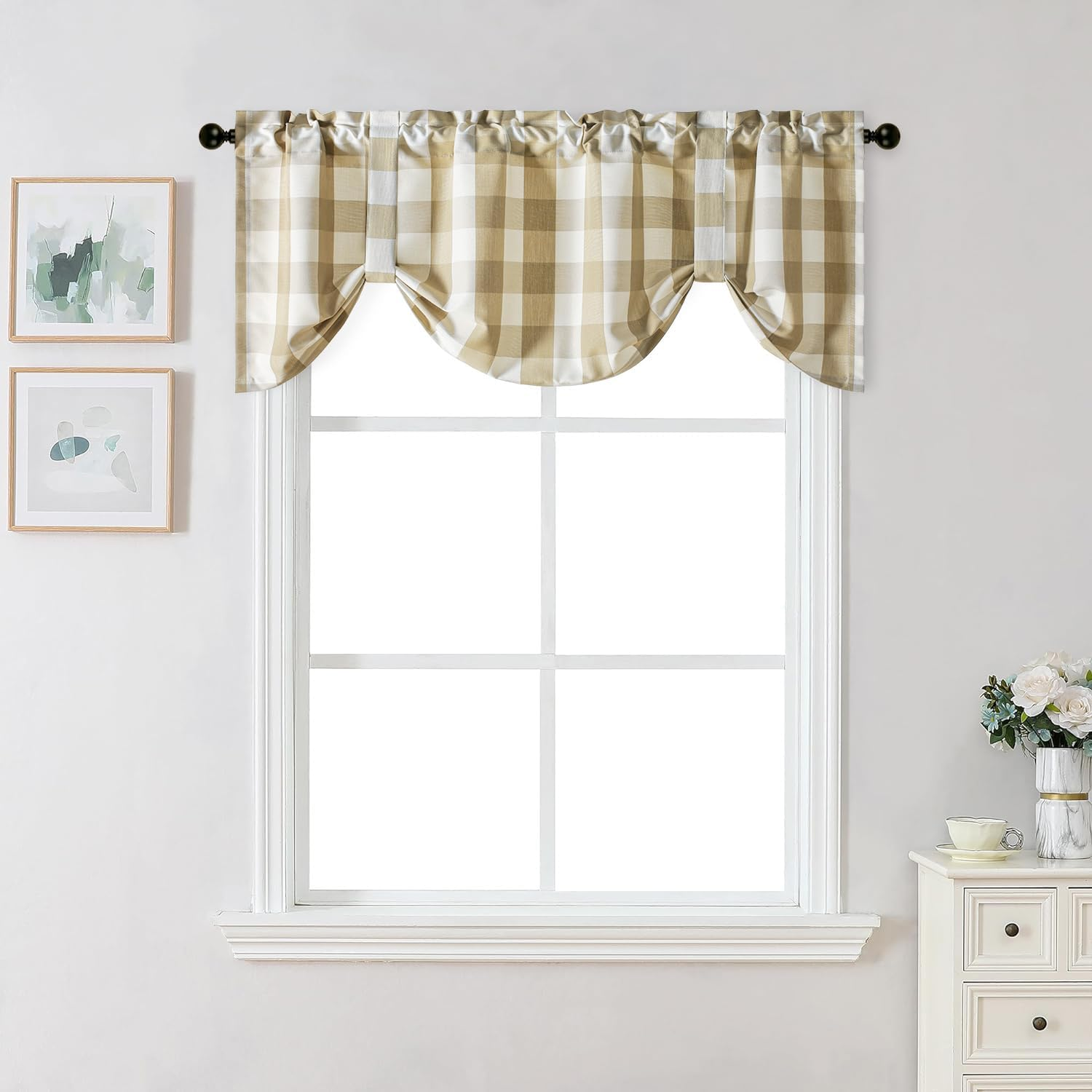 Tie up Valances for Kitchen Windows, Beige and White Buffalo Check Plaid Tie-Up