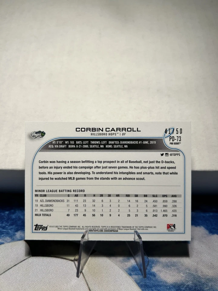 2022 Topps Pro Debut Corbin Carroll #PDC-73 Gold Refractor /50 Diamondbacks - Image 2 of 2