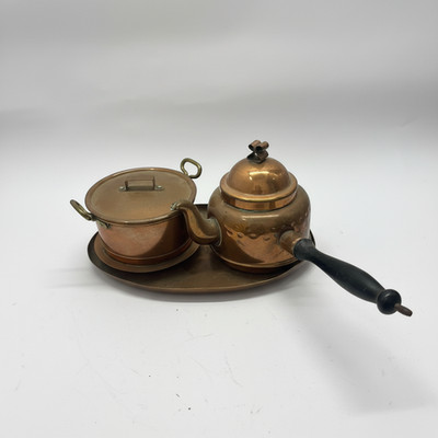 Vintage Copper Tea Coffee Set w/ Wood Handle Kettle Lidded Pot Tray Rustic Decor