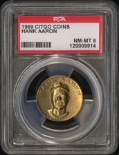 1969 Baseball Citgo Gas Oil Pin Coin HANK AARON Atlanta Braves PSA 8 NM-MT