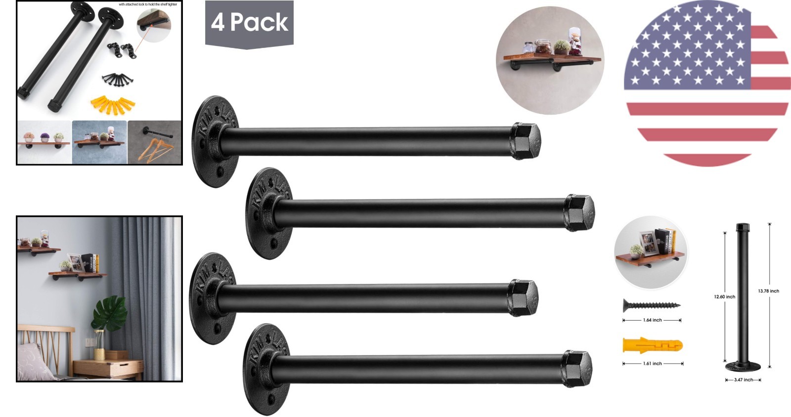 Rustic 4-Pack Black Iron Pipe Shelves - Vintage 13.7 Inch Wall-Mounted Storage