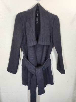 Lafayette 148 New York Wool Wrap Jacket 6 Black Textured Belted Shawl Raw Edge