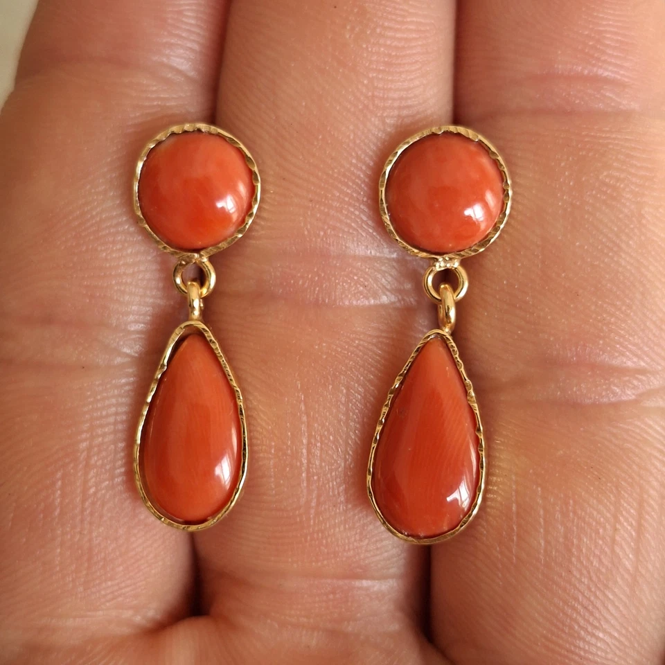 Antichi Orecchini A Goccia Vero Corallo Arancione Bottoni Argento 925 Oro - Immagine 3 di 4