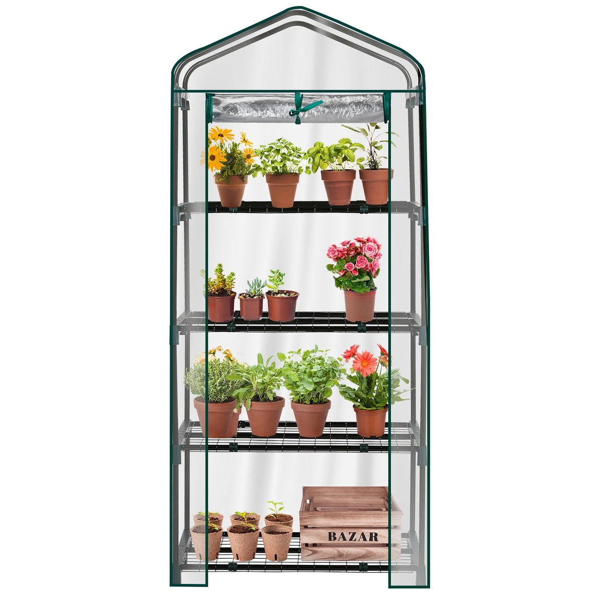 4 Tier Mini Greenhouse with PVC Cover & Roll-Up Zipper Door