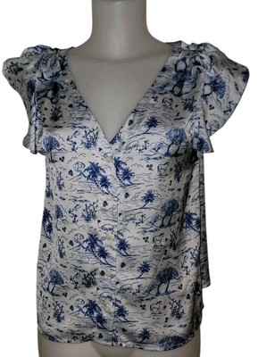 Koch Sz S Women's White & Blue Toile Horse Print Novelty Cottagecore Preppy Top