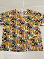 Halloween Scrub Top womens size M Small Black Cat Ghost Trick or Treat Pumpkins