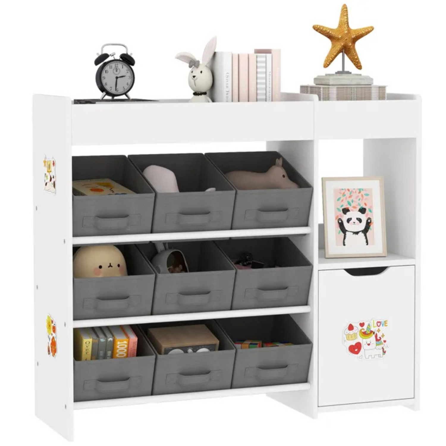 Étagère jouets meuble rangement enfant blanc avec bacs tissu