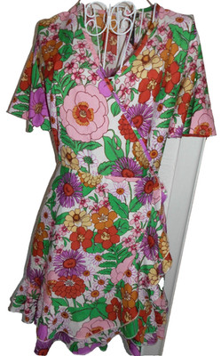 Influence pretty pink tone bold floral faux wrap frill hem short sleeve  dress 8