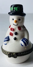 Porcelain Snowman Hinged Trinket Box Figurine Vintage With Snowflake Inside