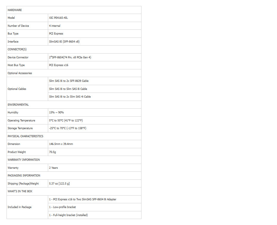 PCI Express x16 to Two SlimSAS SFF-8654 8i Adapter XIC PE4165-4IL shinreal